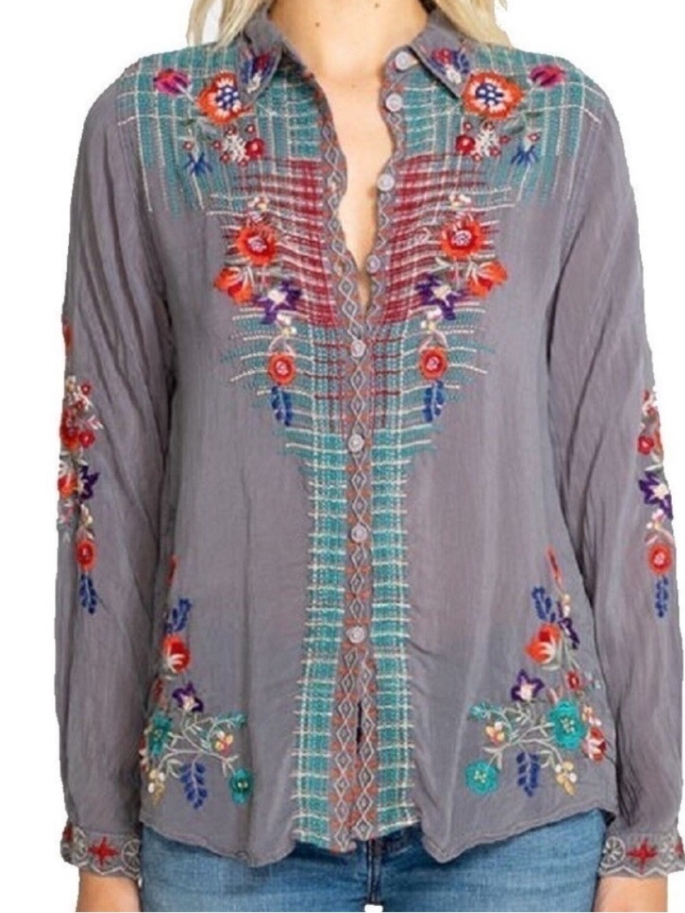 Johnny Was Silk Embroidered Gray Floral Button Front Women's Top